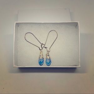 silver wire wrapped blue gemstone drop earrings
